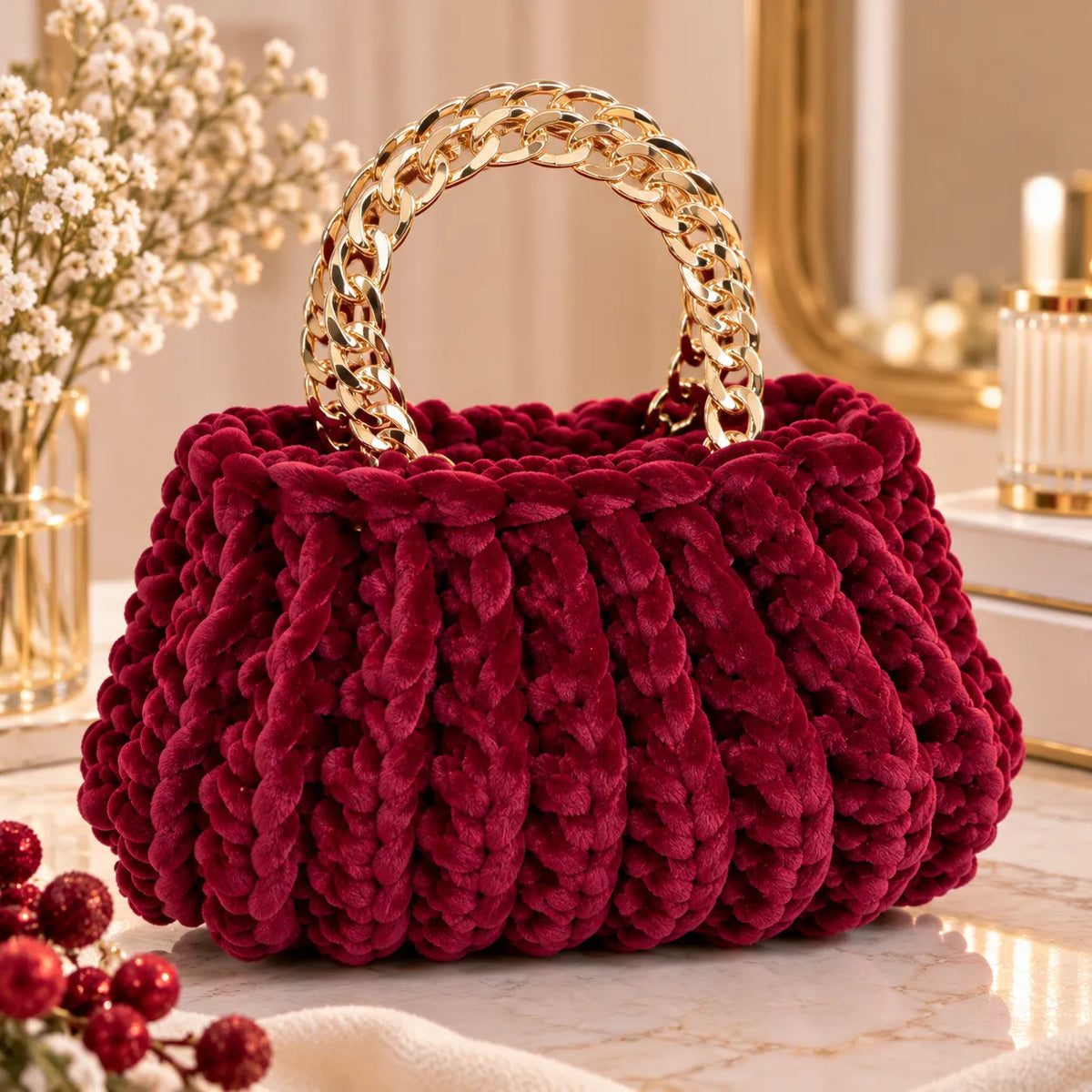 Borsa Handmade in Velluto Bordeaux con Manici Catena Oro – Made in Italy