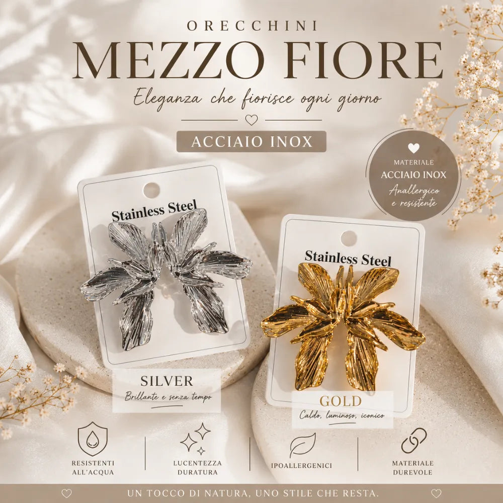 Orecchini Mezzo Fiore Silver & Gold in Acciaio Inox