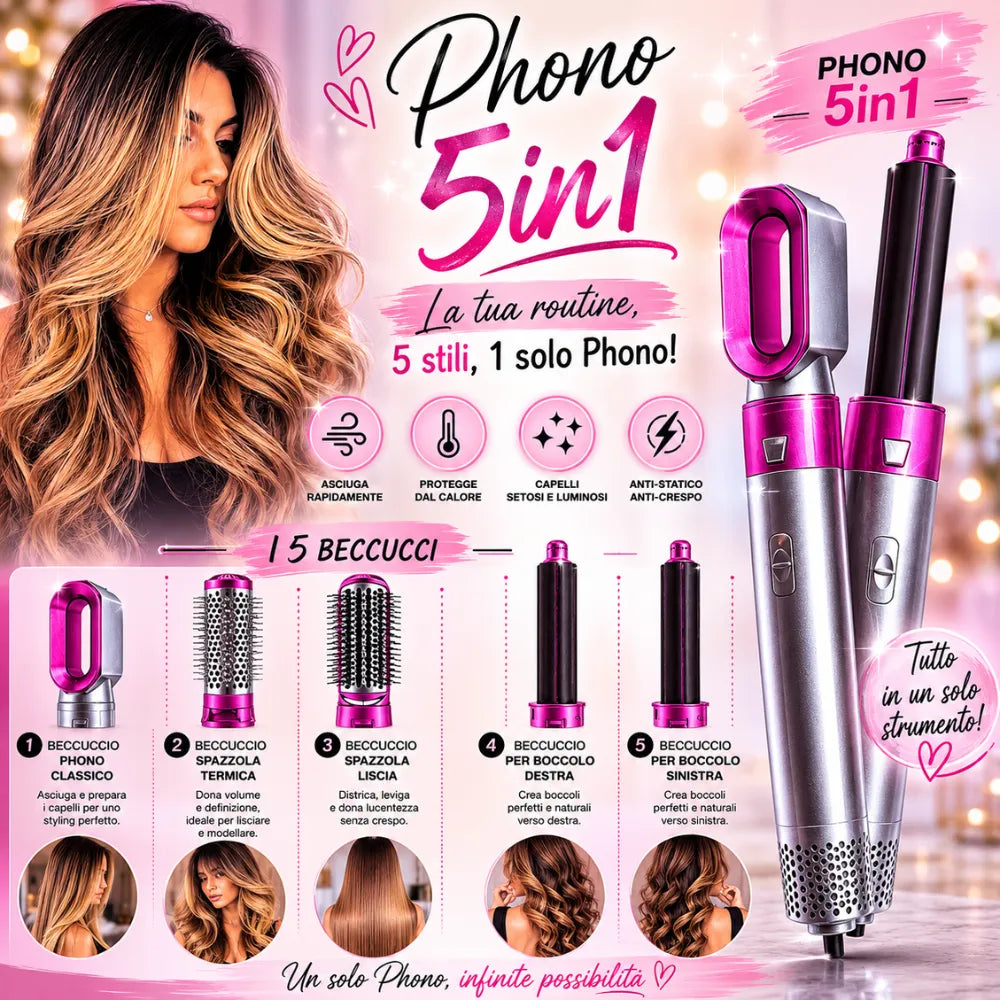 Phono 5in1 Hot Air Styler – Styler Multifunzione per Capelli con 5 Beccucci Intercambiabili