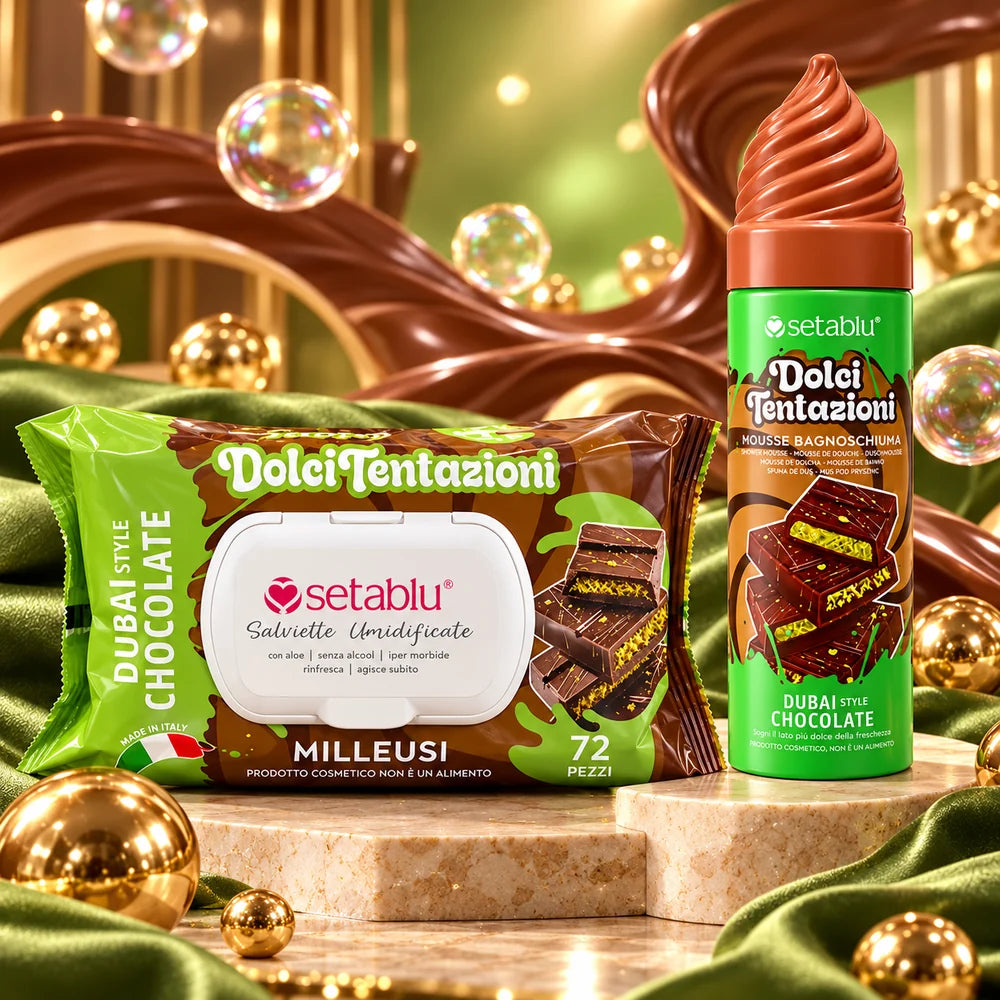 Set Mousse Bagnoschiuma 200 ml e Salviette 72 Pezzi Dubai Style Chocolate
