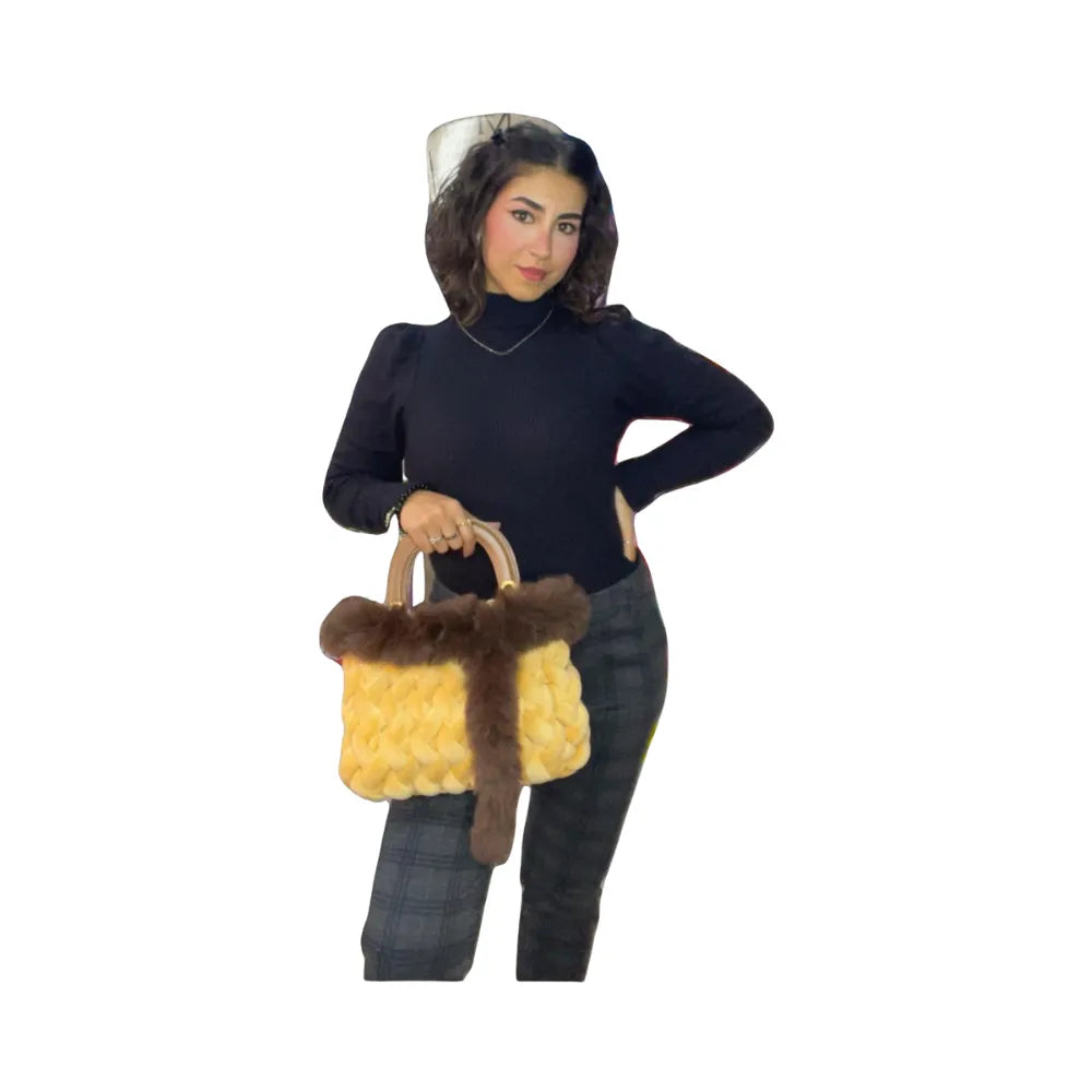 Borsa Marshmallow in Velluto con Pelliccia e Manici in Pelle