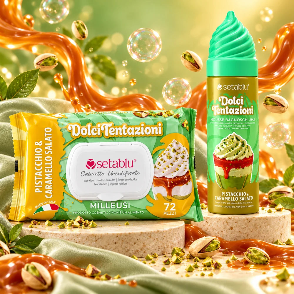 Set Mousse Bagnoschiuma 200 ml e Salviette 72 Pezzi Pistacchio & Caramello Salato