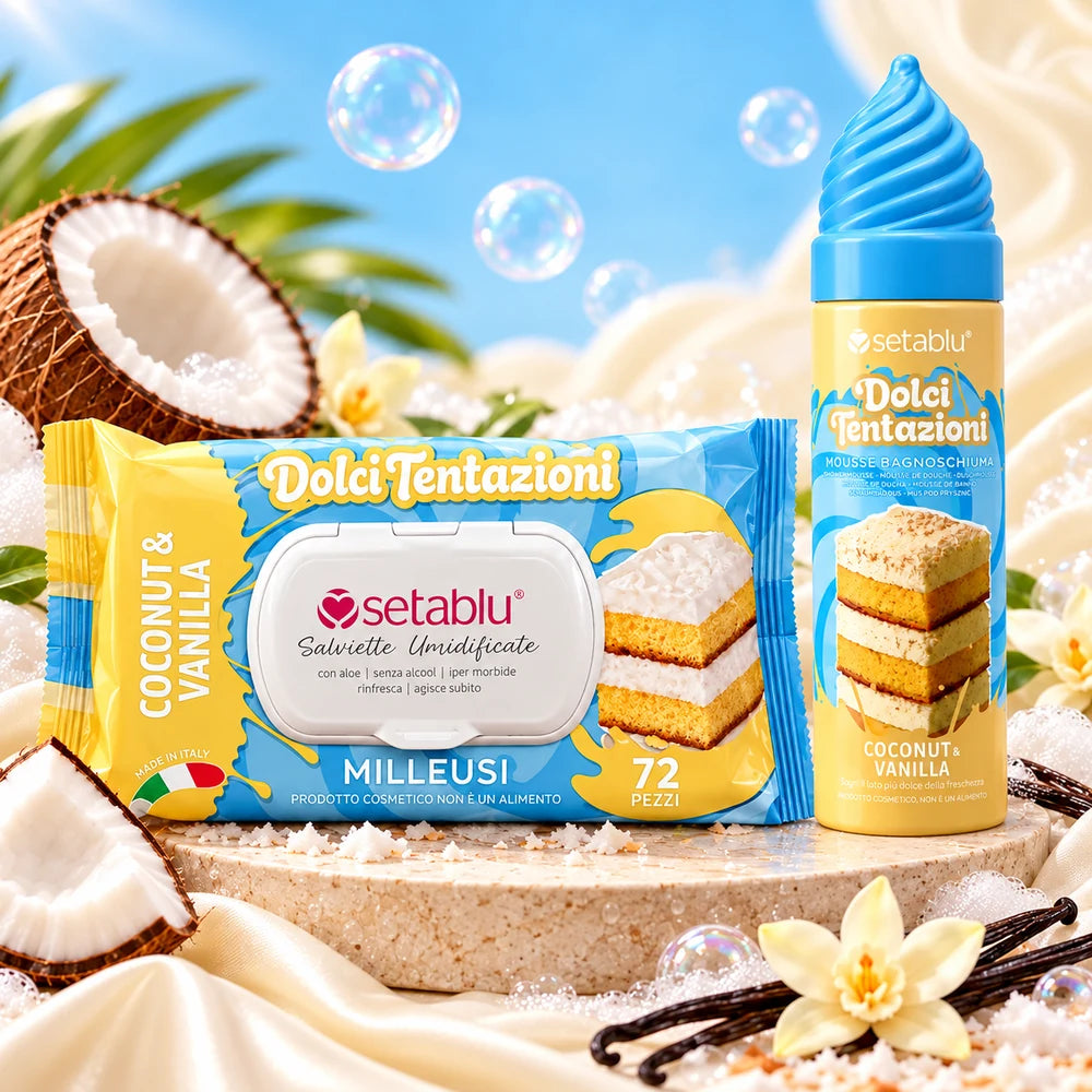 Set Mousse Bagnoschiuma 200 ml e Salviette 72 Pezzi Cocco e Vaniglia