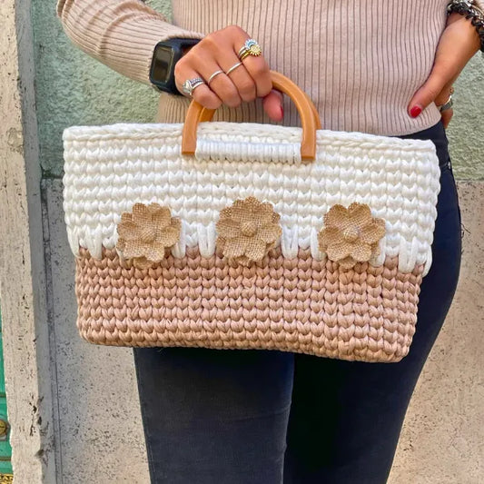 Borsetta Flower in Fettuccia di Cotone Bianca e Beige