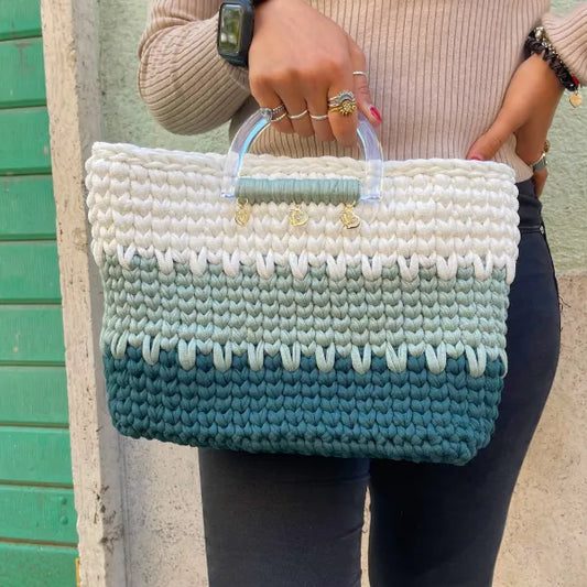 Borsetta Tricolor in Fettuccia di Cotone Bianca Verde Tiffany