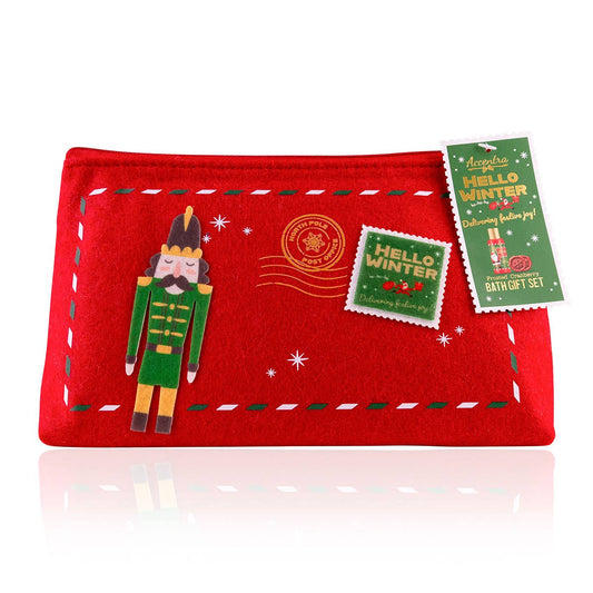 Set da bagno HELLO WINTER Mirtillo Rosso Glassato in borsa di feltro
