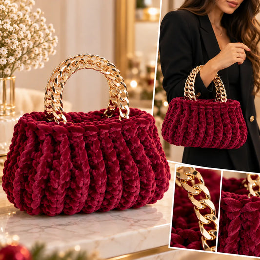 Borsa Handmade in Velluto Bordeaux con Manici Catena Oro – Made in Italy