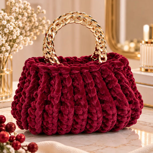 Borsa Handmade in Velluto Bordeaux con Manici Catena Oro – Made in Italy