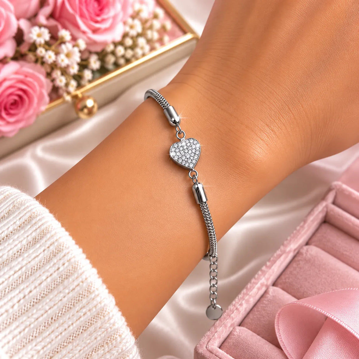 Bracciale Snake Cuore Silver con Diamantini in Acciaio Inox