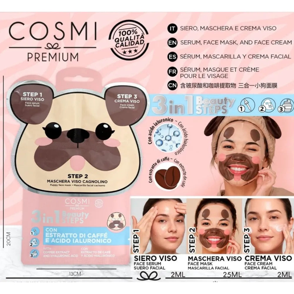 Cosmi Premium - Maschera Viso Cagnolino 3 in 1 – Siero, Maschera e Crema Viso