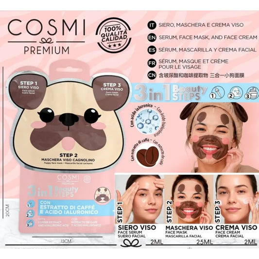 Cosmi Premium - Maschera Viso Cagnolino 3 in 1 – Siero, Maschera e Crema Viso