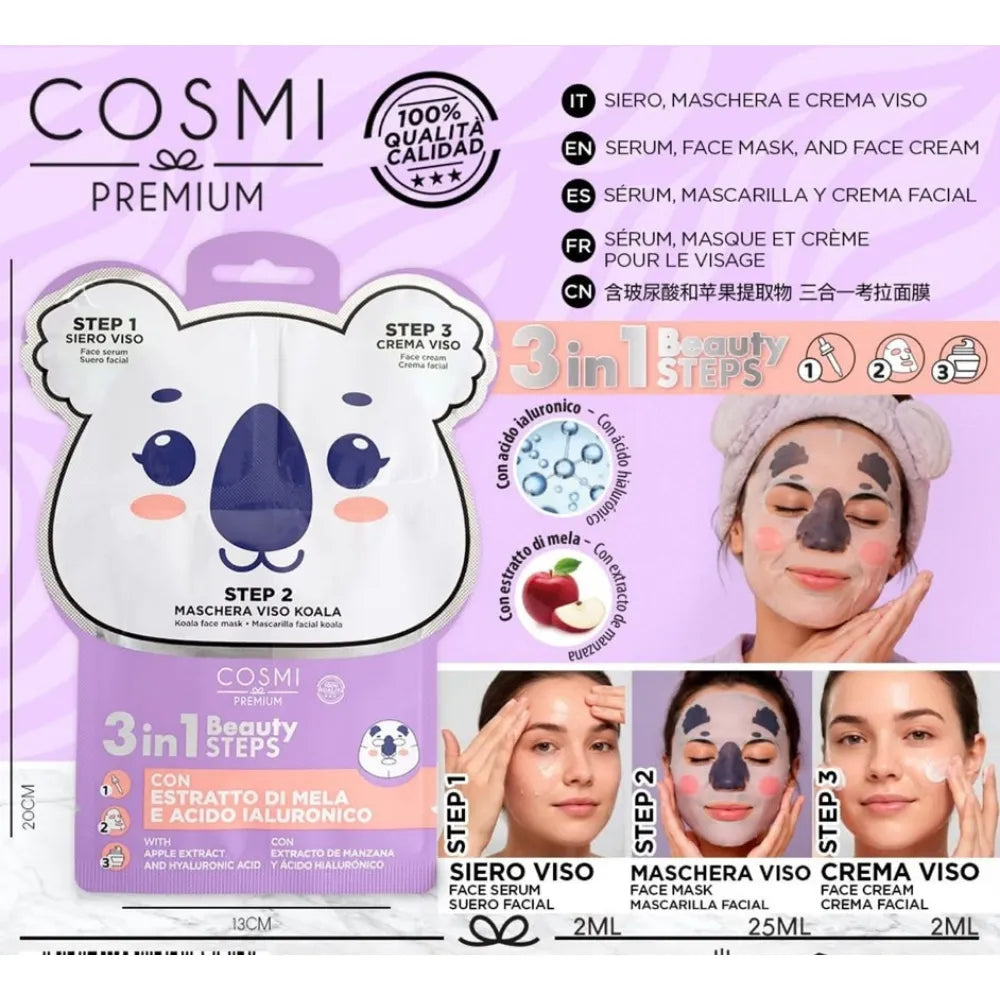 Cosmi Premium - Maschera Viso Koala 3 in 1 – Siero, Maschera e Crema