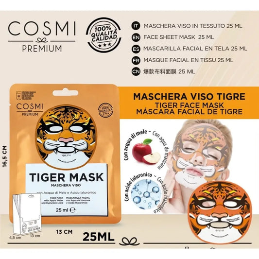 Cosmi Premium - Maschera Viso Tigre in Tessuto – Acqua di Mela & Acido Ialuronico
