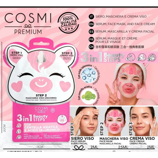 Cosmi Premium - Maschera Viso Unicorno 3 in 1 – Siero, Maschera e Crema