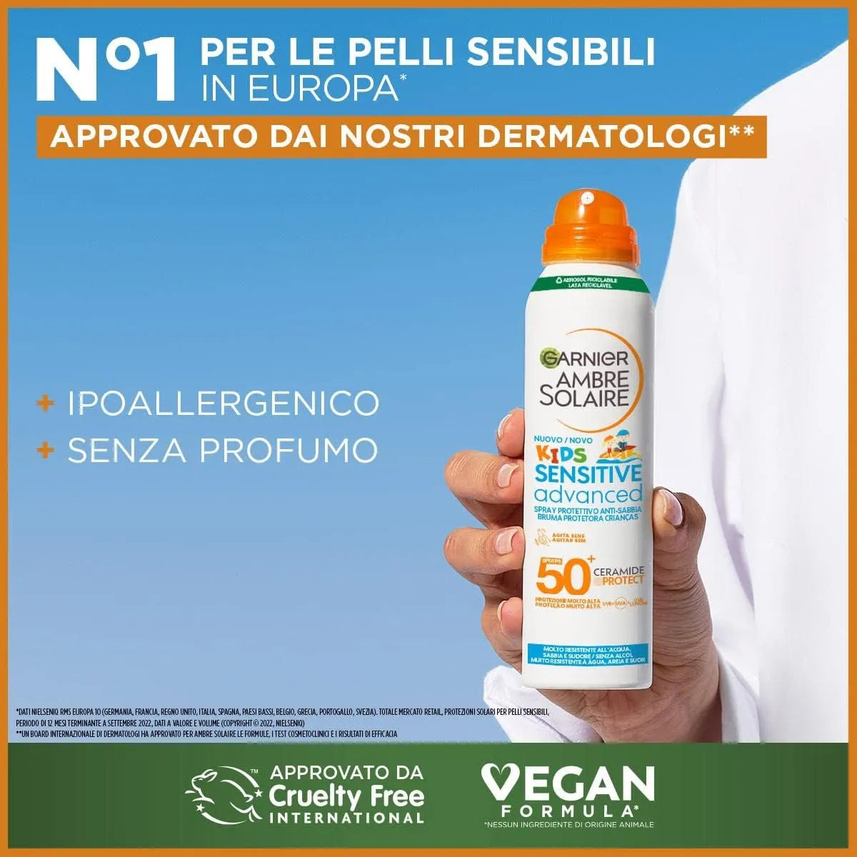 Garnier Ambre Solaire Advanced Sensitive Kids Ceramide Protect Spray Aerosol Anti-Sabbia SPF50+ 150 ml