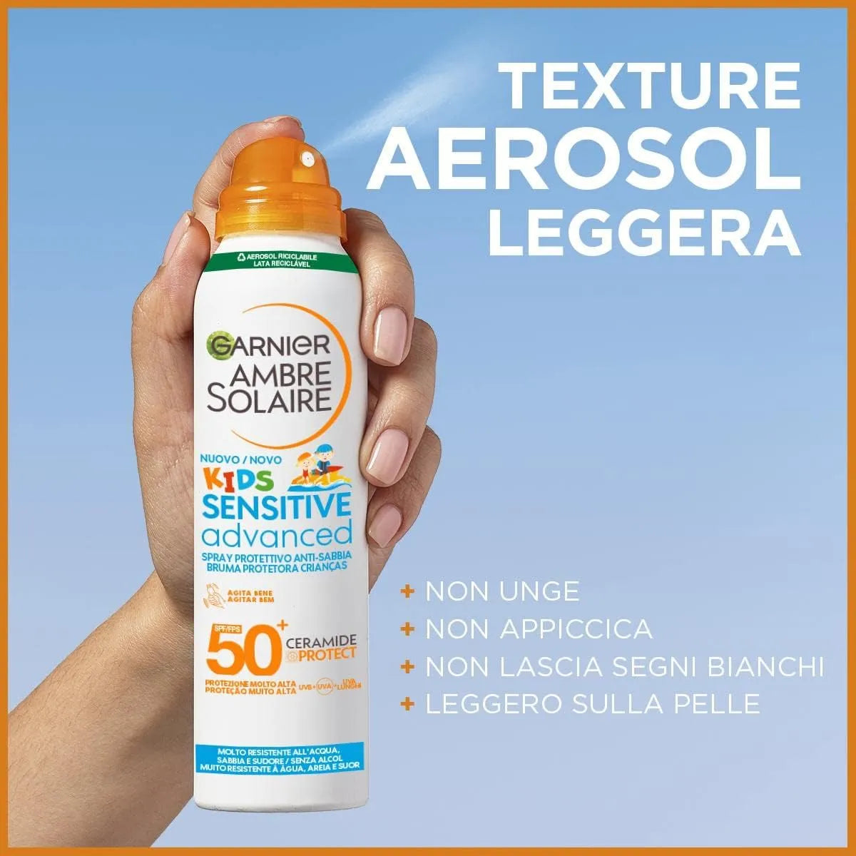 Garnier Ambre Solaire Advanced Sensitive Kids Ceramide Protect Spray Aerosol Anti-Sabbia SPF50+ 150 ml