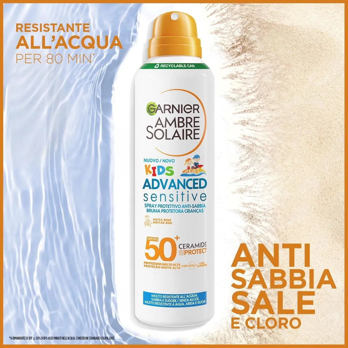 Garnier Ambre Solaire Advanced Sensitive Kids Ceramide Protect Spray Aerosol Anti-Sabbia SPF50+ 150 ml
