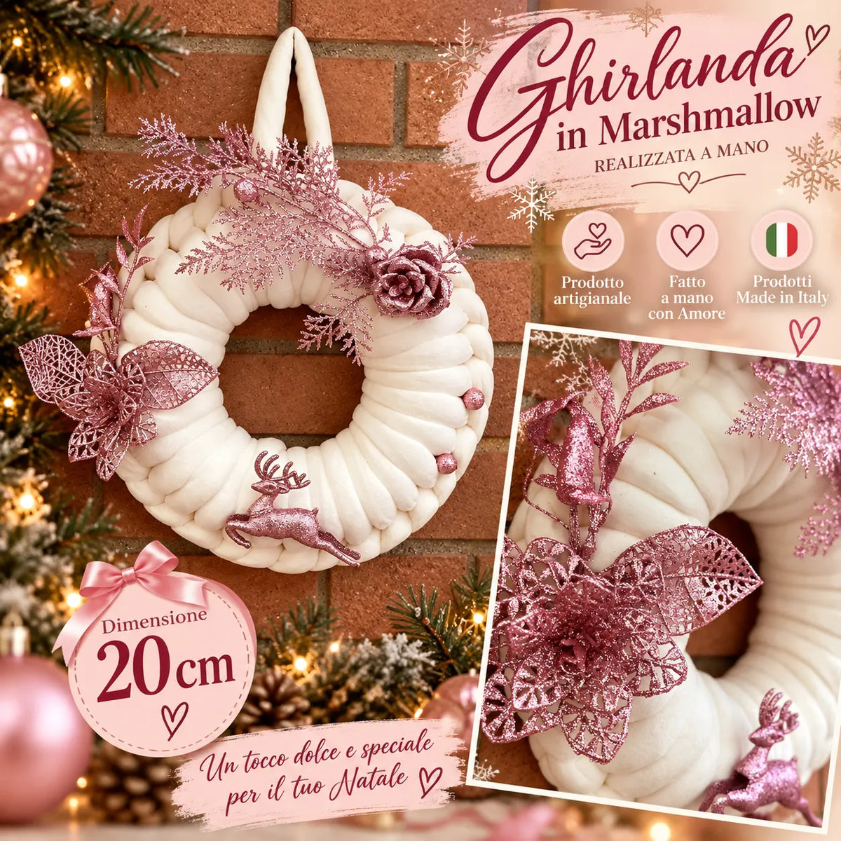 Ghirlanda Natalizia in Marshmallow 30 cm Fatta a Mano – Decorazione Artigianale Made in Italy