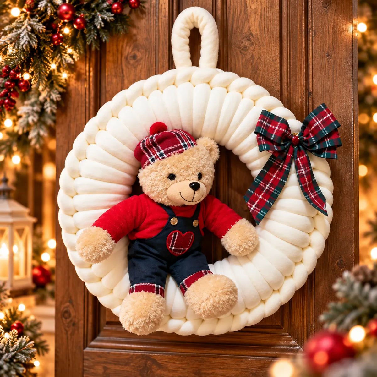 Ghirlanda Natalizia Handmade Bianca con Orsetto – Marshmallow 40 cm