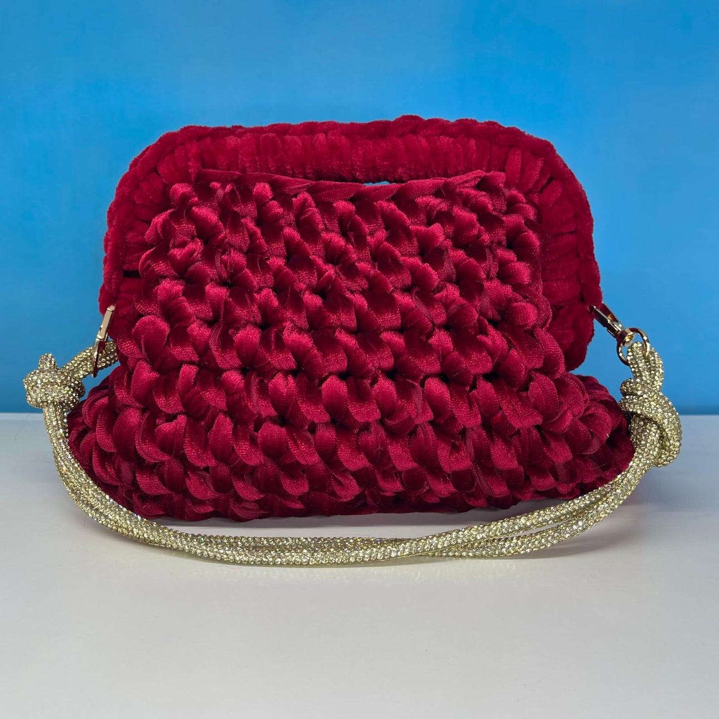 Clutch 20 cm Red in Fettuccia di Velluto con Manico in Ciniglia e Tracolla Svaroski