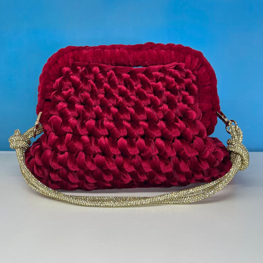 Clutch 20 cm Red in Fettuccia di Velluto con Manico in Ciniglia e Tracolla Svaroski