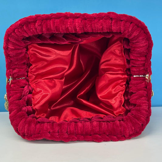Clutch 20 cm Red in Fettuccia di Velluto con Manico in Ciniglia e Tracolla Svaroski