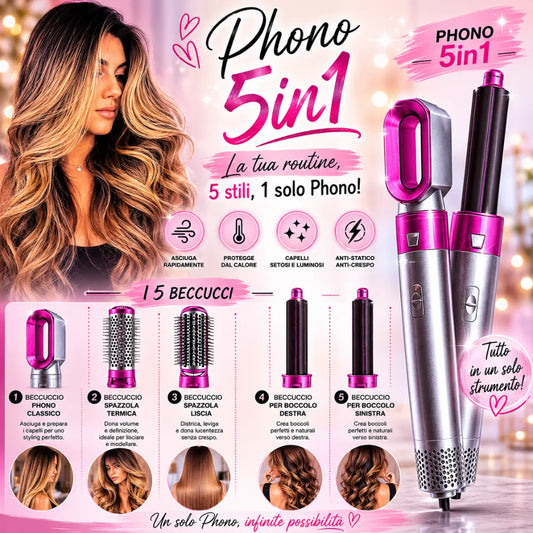 Phono 5in1 Hot Air Styler – Styler Multifunzione per Capelli con 5 Beccucci Intercambiabili