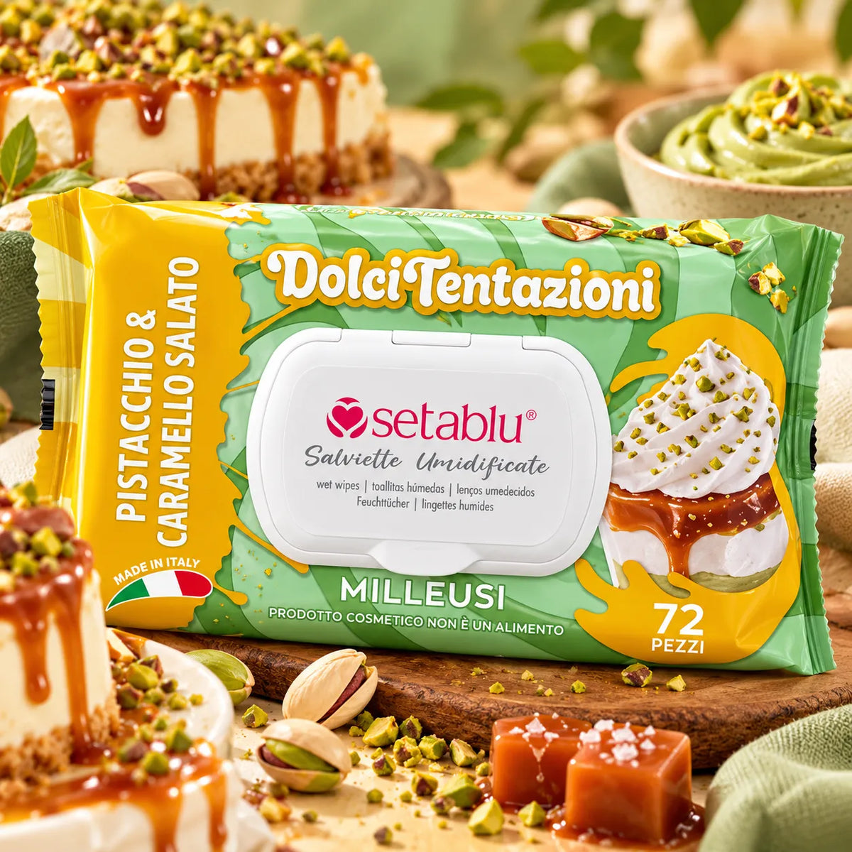Salviette Umidificate Setablu Dolci Tentazioni Pistacchio & Caramello Salato – 72 Pezzi
