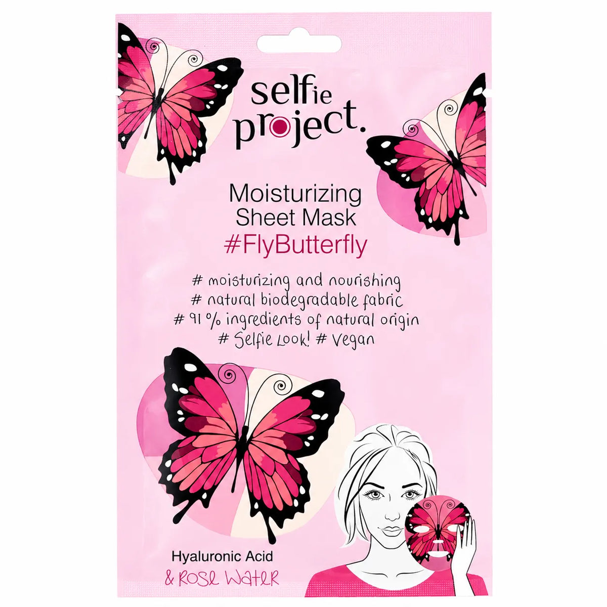 Selfie Project Moisturizing Sheet Mask #FlyButterfly – Maschera Viso Idratante con Acido Ialuronico e Acqua di Rose