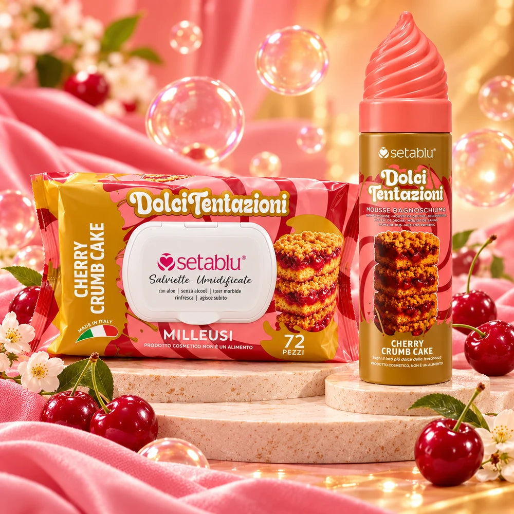 Set Mousse Bagnoschiuma 200 ml e Salviette 72 Pezzi Cherry Crumb Cake