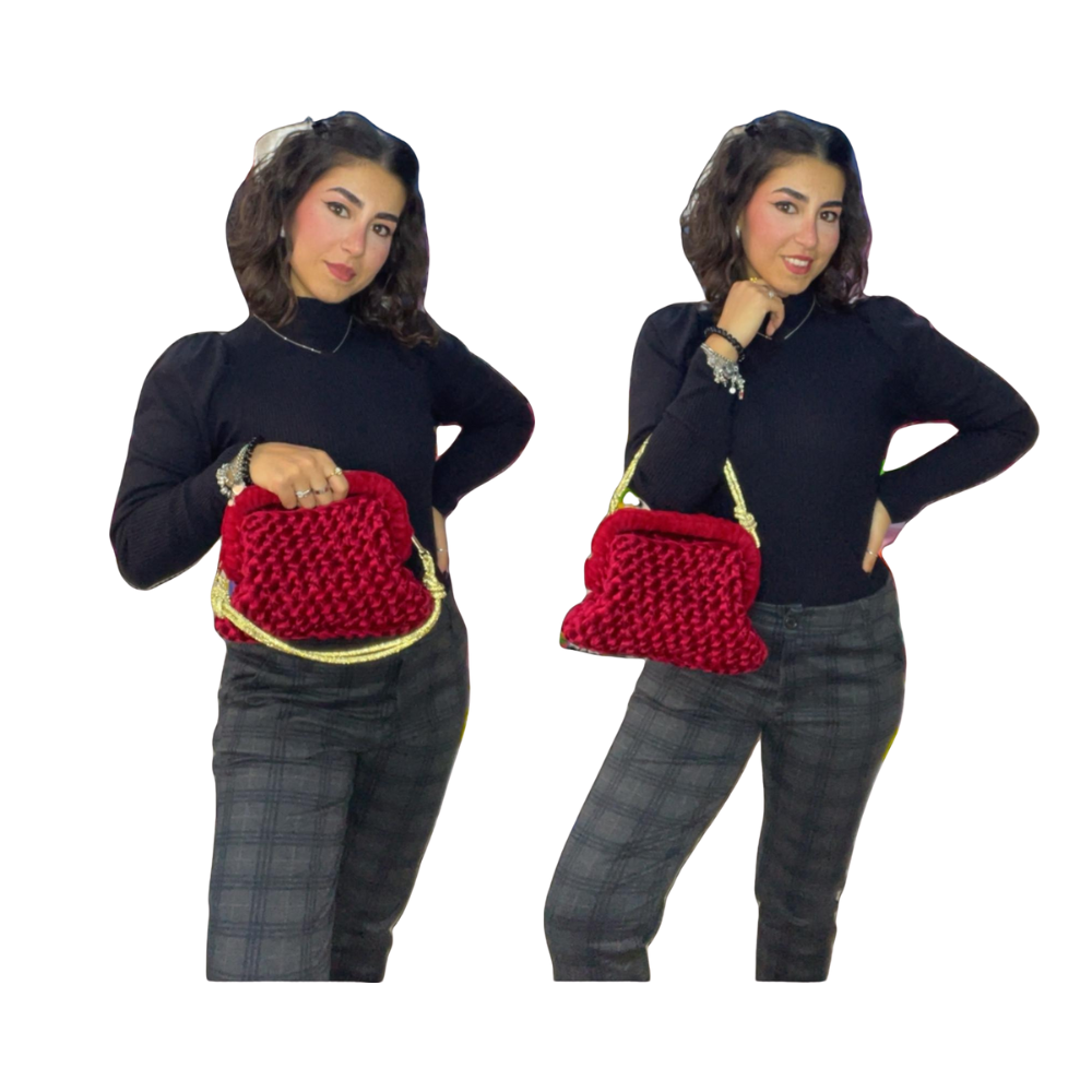 Clutch 20 cm Red in Fettuccia di Velluto con Manico in Ciniglia e Tracolla Svaroski