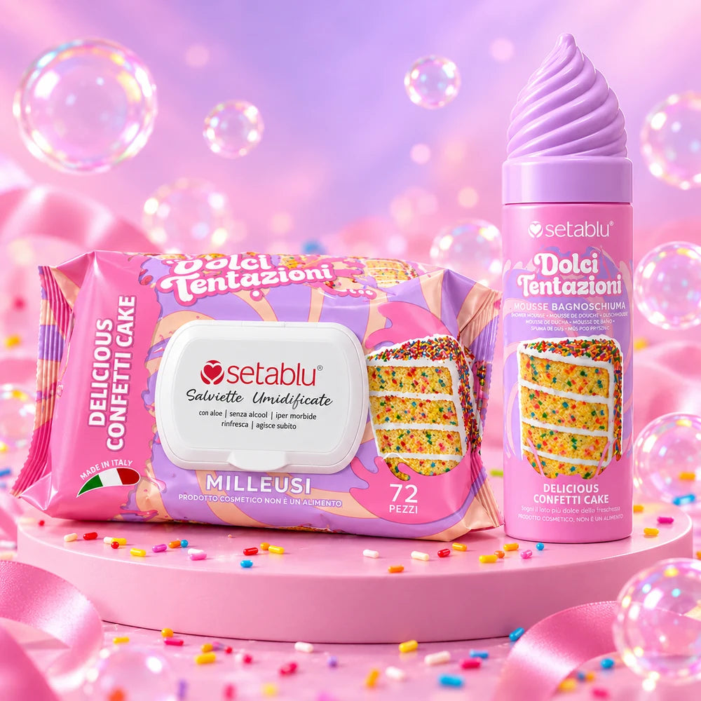 Set Mousse Bagnoschiuma 200 ml e Salviette 72 Pezzi Delicious Confetti Cake