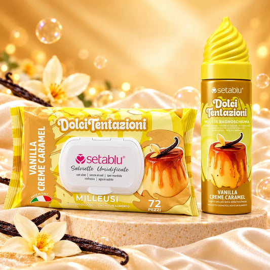 Set Mousse Bagnoschiuma 200 ml e Salviette 72 Pezzi Vanilla Creme Caramel